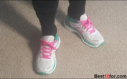 wearing ASICS Womens girl female Kayano 21 Running Shoe on feet test